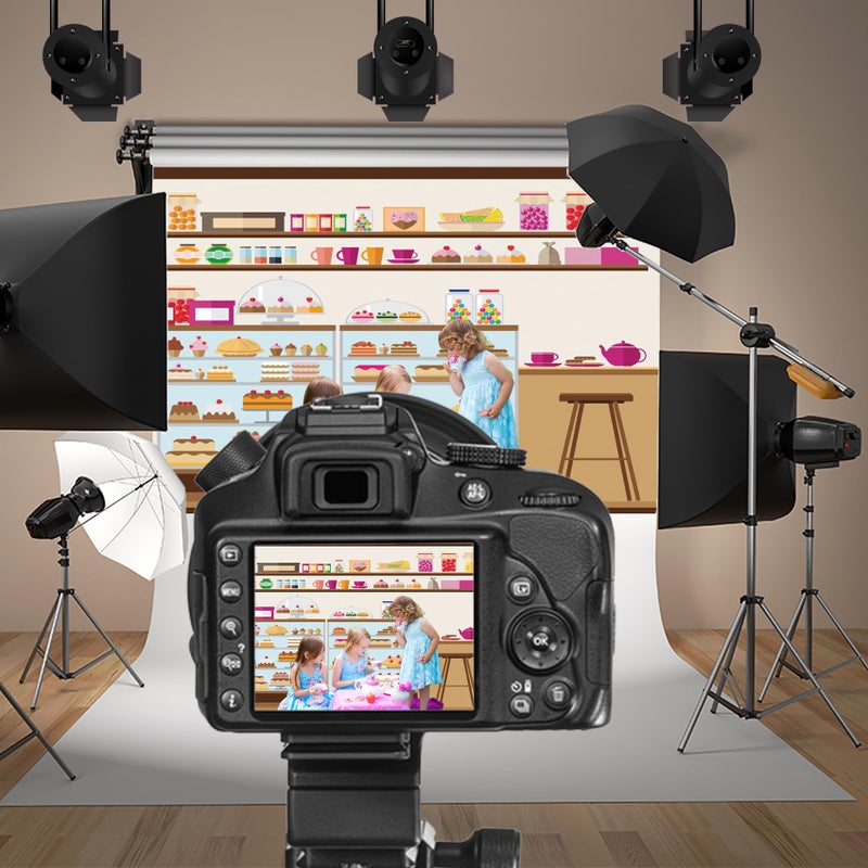 Baocicco 7x5ft Bakery Cafe Goods Shelf Backdrop Birthday Cake Lollipop Jelly Bean Cupcake Cartoon Sweets Shop Photography Background Bakery Shop Birthday Party for Girls Boys Portrait Photo Prop - Image 2